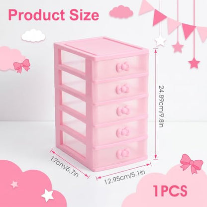Pink 5-Tier Makeup Organizer with Bow Handle - Desktop Storage Box