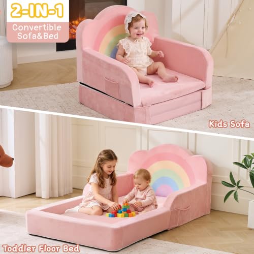 Pink Toddler Floor Bed and Kids Sofa - No Assembly Needed, Soft Foam
