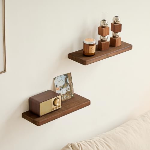 Dark Walnut Wooden Floating Wall Shelves Set of 2 - 15.7 Inch Rustic Storage