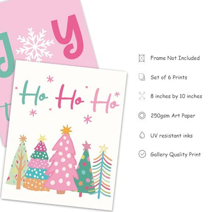 Christmas Wall Art Prints Set - Pink Holiday Decor for Living Room & Bedroom, 8x10 Inch Unframed