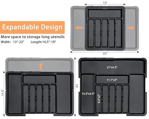 Spaclear Silverware Organizer Expandable Kitchen Utensil Drawer Organizer with 9 Compartment Large Cutlery Organizer Tray for Forks Knives Plastic Black 13" - 22" W,14.5" - 19" L