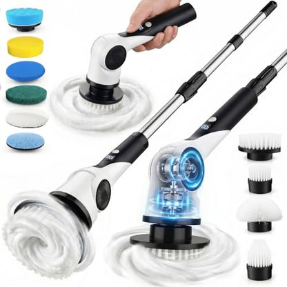 Electric Spin Scrubber Black - Cordless 3-Speed Shower Cleaner with Long Handle & 10 Brush Heads