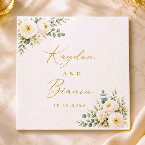 Personalized Wedding Cocktail Napkins PN1 - Wildflower Floral Custom Bridesmaid Beverage Papers, 4.8" & 6.5", Pack 50-1000