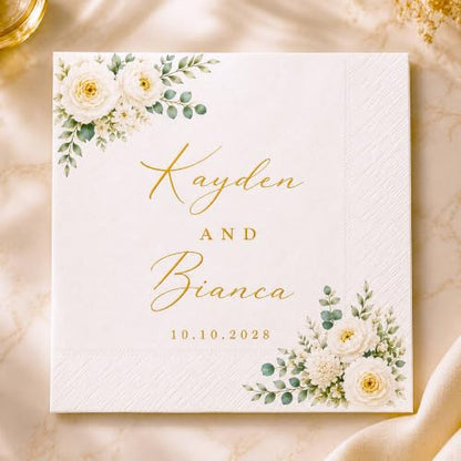 Personalized Wedding Cocktail Napkins PN1 - Wildflower Floral Custom Bridesmaid Beverage Papers, 4.8" & 6.5", Pack 50-1000