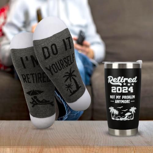 Cool Retirement Gifts for Men- Retired 2024 Not My Problem Anymore Gift Baskets Funny Happy Retirement Gifts for Him, Colleague, Leader, Boss Teacher Coworker Ideas for Retirement Tumbler Set