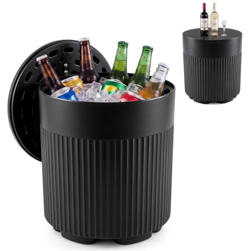 GIANTEX 3-in-1 Outdoor Ice Bucket Cooler Side Table with Storage - Black