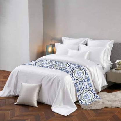 Queen Bed Runner Satin Majolica Print Blue Green Decorative 83x20 with Variation Blue & Slate Blue