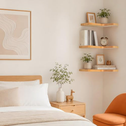 Floating Corner Shelves Solid Pinewood Wall Mounted Shelf - Natural, 3 Pieces
