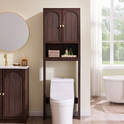 72-Inch Wooden Over The Toilet Bathroom Storage Cabinet - Brown, Arched Fluted Design