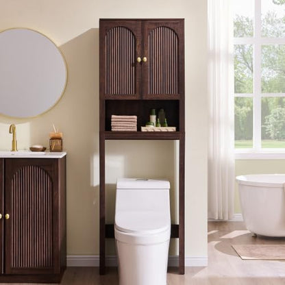 72-Inch Wooden Over The Toilet Bathroom Storage Cabinet - Brown, Arched Fluted Design