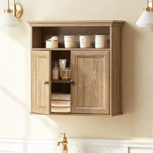 Bathroom Wall Cabinet with Doors - Brown Oak Finish, Adjustable Shelf
