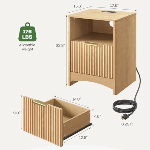 Marsail Natural Oak 2-Pack Fluted Nightstands with Drawers, Built-in Charging Station