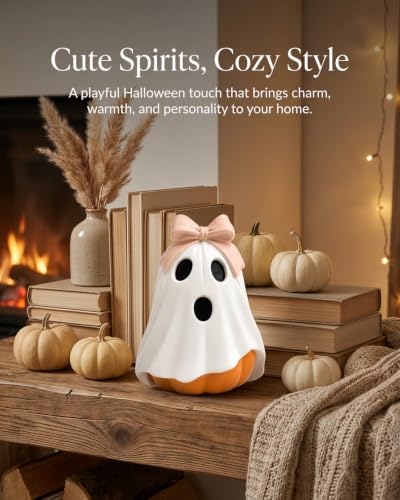 GoGnome Halloween Ghost Pumpkin Figurine - Pink Bow White Resin Fall Decor