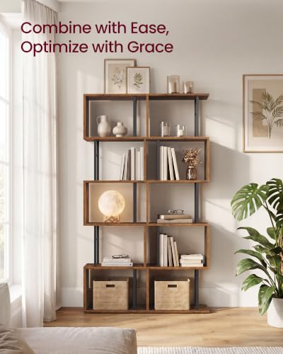 VASAGLE Rustic Brown 6-Tier S-Shaped Tall Book Shelf - 15" Wide Book Organizer