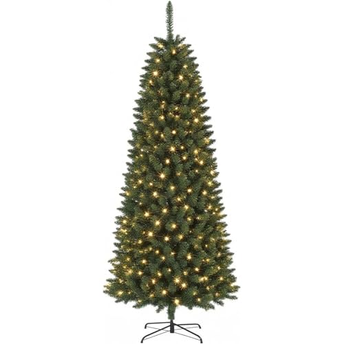 GAOMON 7.5FT Artificial Christmas Tree - Pre-Lit Green Slim Xmas Tree with LED Light & Stand