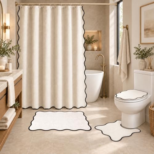Beige and Black Bathroom Decor Set with Scalloped Edges - Minimalist 4-Piece