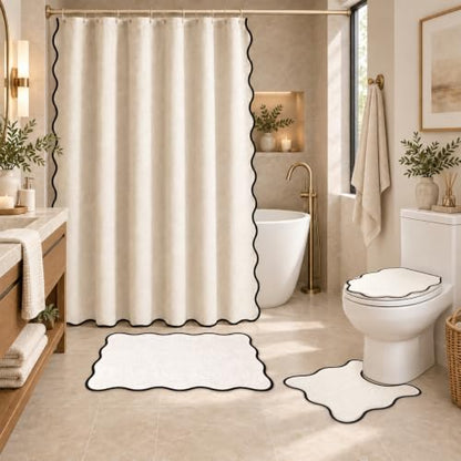 Beige and Black Bathroom Decor Set with Scalloped Edges - Minimalist 4-Piece