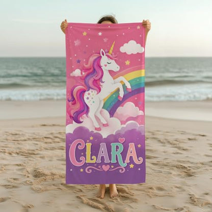 Personalized Unicorn Beach Towel for Girls - Custom Name Kids Pool & Sand Towel