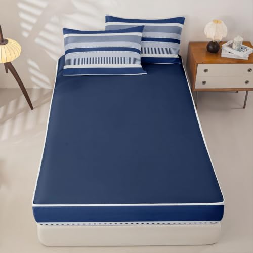 Kids Full Navy Blue Striped Zipper Bedding Set with Comforter & Pillowcases