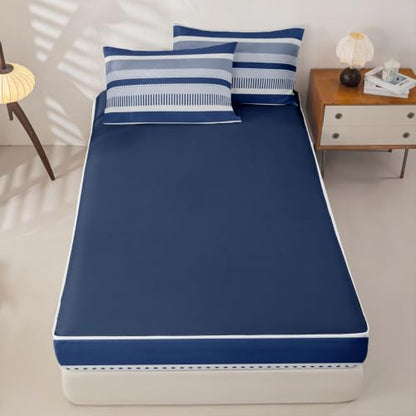 Kids Full Navy Blue Striped Zipper Bedding Set with Comforter & Pillowcases