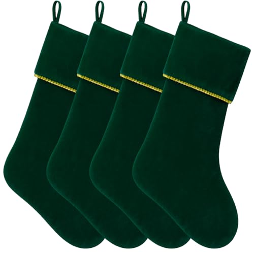 Dark Green Velvet Christmas Stockings Set of 4 - 18 Inch Holiday Decor