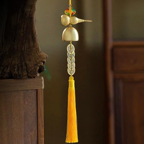 Big Hanging Bell with Five Emperor Coins Brass Wind Chime Ornament - Yellow Tassel Variation