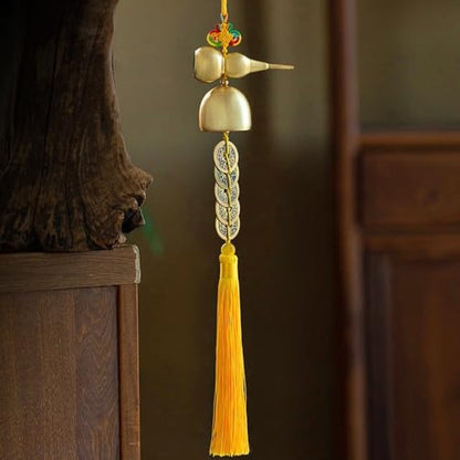 Big Hanging Bell with Five Emperor Coins Brass Wind Chime Ornament - Yellow Tassel Variation