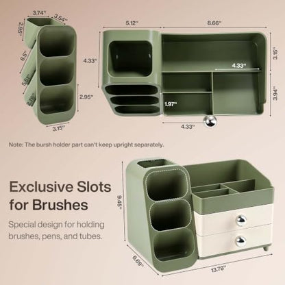 Large Capacity Makeup Organizer with Brush Holder - Green