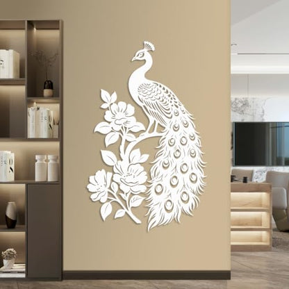 Peacock Metal Wall Art with Peonies - Black, 30 x 19 inches Wall Decor