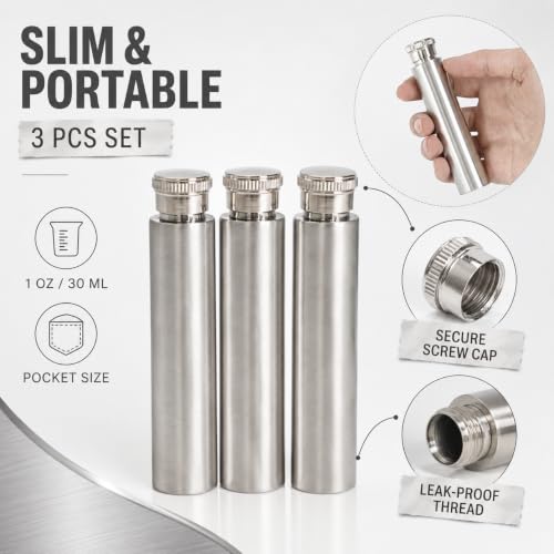3 Pack Stainless Steel Pocket Flasks for Liquor 1 oz Discreet Travel Set