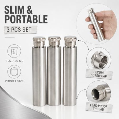 3 Pack Stainless Steel Pocket Flasks for Liquor 1 oz Discreet Travel Set