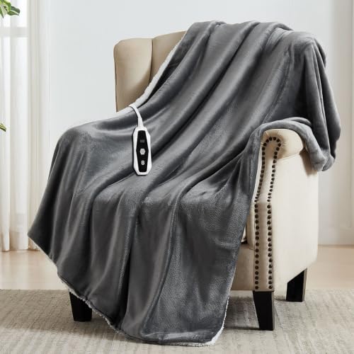 Grey Heated Blanket Electric Throw 50x60 Inches Soft Flannel Sherpa