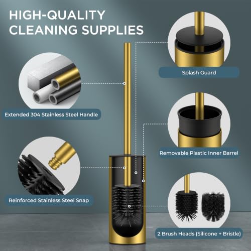 Gold Stainless Steel Toilet Brush & Holder Set - Extra Long Handle
