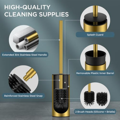 Gold Stainless Steel Toilet Brush & Holder Set - Extra Long Handle