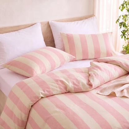 Pink Striped Comforter Set Queen - Blush Wide Stripe 100% Cotton, Cabana Style