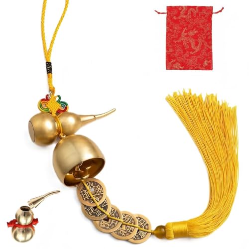 Big Hanging Bell with Five Emperor Coins Brass Wind Chime Ornament - Yellow Tassel Variation