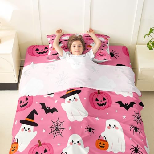 Pink Deep Pocket Twin Bed Sheets Set with Ghost Pumpkin Design, 3 Pieces