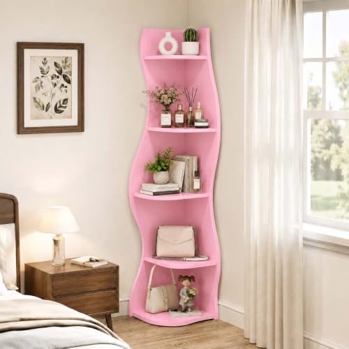 Pink 5-Tier Wavy Corner Shelf for Small Spaces - Curvy Wall Organizer