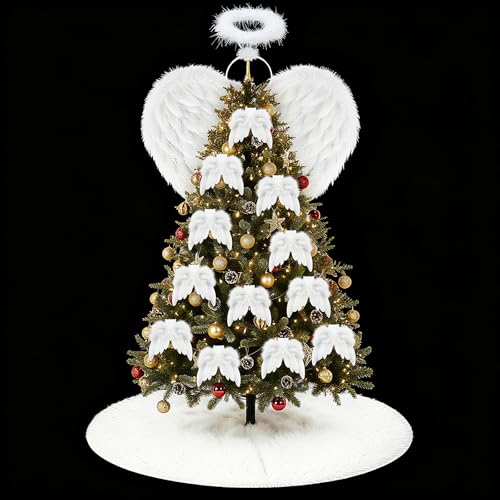 Angel Wing Feather Ornament Christmas Tree Decor Set with Plush Skirt - Variation: Angel Wings 2.56 ft
