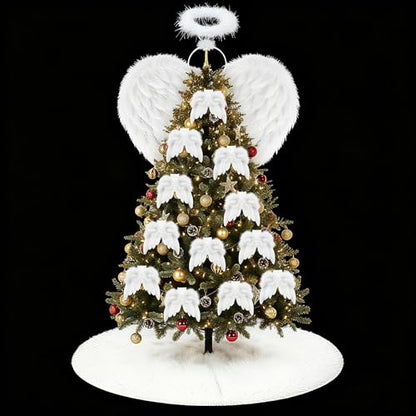 Angel Wing Feather Ornament Christmas Tree Decor Set with Plush Skirt - Variation: Angel Wings 2.56 ft