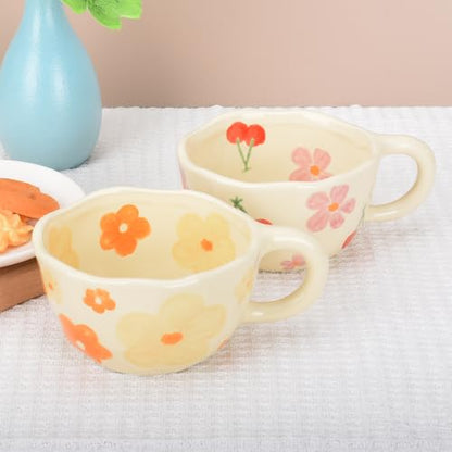 Orange Ceramic Coffee Mug with Flower Spoon, 8oz Handmade Kawaii Teacup