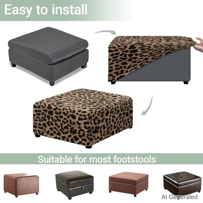 Leopard Print Ottoman Cover Large Slipcover - Stretch Square Footstool Protector