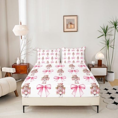 Kids Twin Fitted Sheet Set - Pink White Christmas Nutcracker Design, 39x75"
