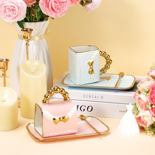 Pink and Blue Handbag-Shaped Ceramic Coffee Mug Set with Saucers and Spoons - 2 Pieces