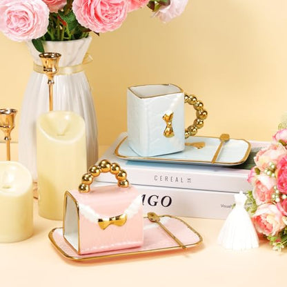 Pink and Blue Handbag-Shaped Ceramic Coffee Mug Set with Saucers and Spoons - 2 Pieces
