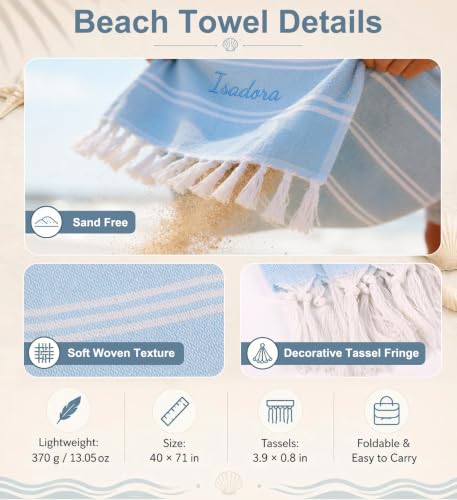 Personalized Turkish Beach Towel with Embroidered Name - Light Blue, Oversized 40 x 71 Inches Cotton, Bridesmaid Gift & Bachelorette Party Favors
