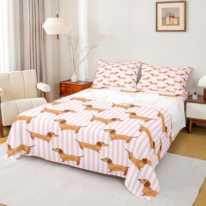 Castle Fairy Pink Striped Dachshund Bed Sheet Set King Size - Deep Pocket Kids Bedding