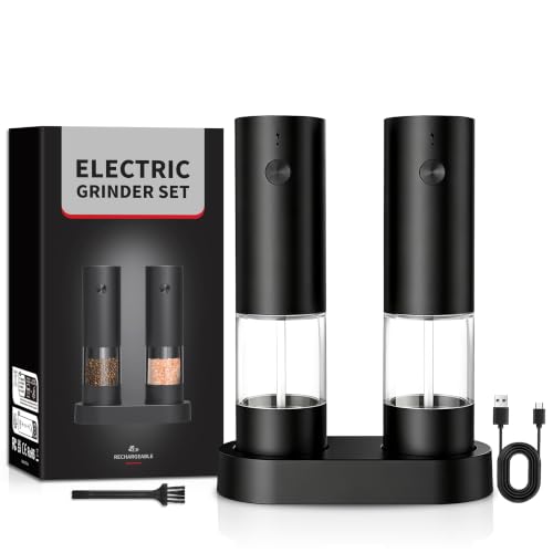 USB Rechargeable Salt & Pepper Grinder Set with Storage Base - Black 2 Pack - Variation 2