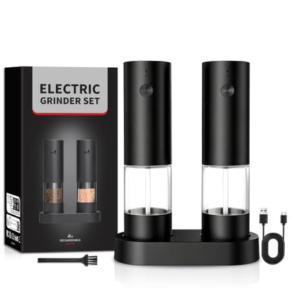 USB Rechargeable Salt & Pepper Grinder Set with Storage Base - Black 2 Pack - Variation 2