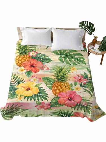 King Size Flat Sheet Only Summer Pineapple Flower Leaves Bed Top Sheet Microfiber Breathable Bedding - Lime, Coral